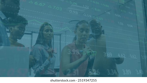 Image of financial data processing over diverse business people in office. Global finance, business, connections, computing and data processing concept digitally generated image.