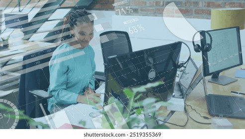 Image of financial data processing over biracial businesswoman in office. Global finance, business, connections, computing and data processing concept digitally generated image.