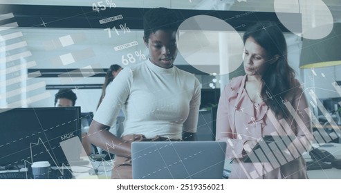 Image of financial data processing over diverse business people in office. Global finance, business, connections, computing and data processing concept digitally generated image.