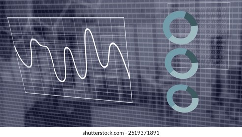 Image of financial data processing over office. Global finance, business, connections, computing and data processing concept digitally generated image.