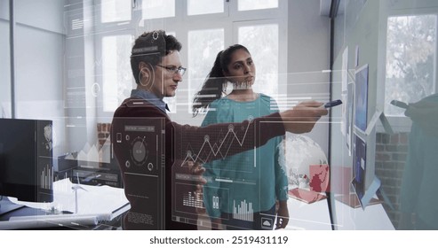 Image of financial data processing over diverse business people in office. Global finance, business, connections, computing and data processing concept digitally generated image. - Powered by Shutterstock - Get 15% off with code: PIKWIZARD15