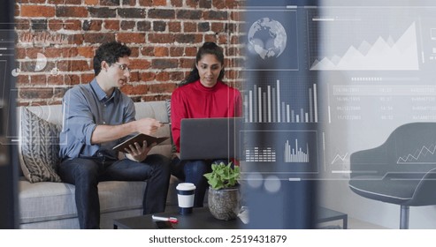 Image of financial data processing over diverse business people in office. Global finance, business, connections, computing and data processing concept digitally generated image.