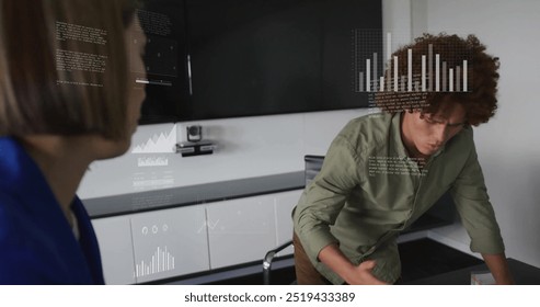 Image of financial data processing over diverse business people in office. Global finance, business, connections, computing and data processing concept digitally generated image.