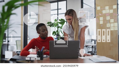 Image of financial data processing over diverse business people in office. Global finance, business, connections, computing and data processing concept digitally generated image.