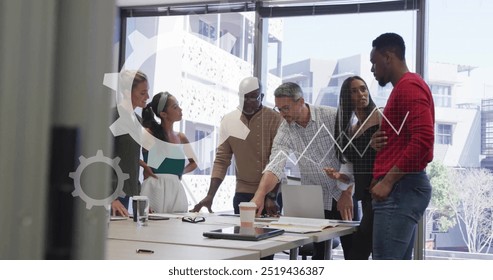 Image of financial data processing over diverse business people in office. Global finance, business, connections, computing and data processing concept digitally generated image. - Powered by Shutterstock - Get 15% off with code: PIKWIZARD15