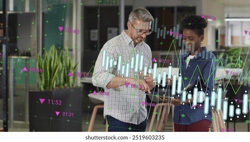 Image of financial data processing over diverse business people in office. Global finance, business, connections, computing and data processing concept digitally generated image.