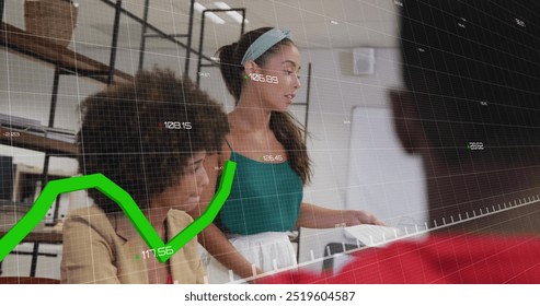 Image of financial data processing over diverse colleagues having meeting in office. Global finances, business and digital interface concept digitally generated image.