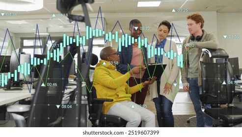Image of financial data processing over diverse colleagues having meeting in office. Global finances, business and digital interface concept digitally generated image.