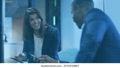 Image of financial data processing over diverse business people. global business, finance and digital interface concept digitally generated image.