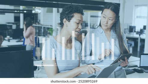 Image of financial data processing over diverse business people in office. Global finance, business, connections, computing and data processing concept digitally generated image.