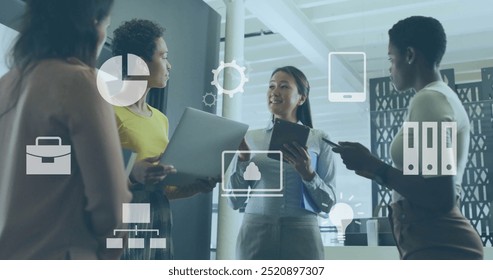 Image of financial data processing over diverse business people in office. Global finance, business, connections, computing and data processing concept digitally generated image.