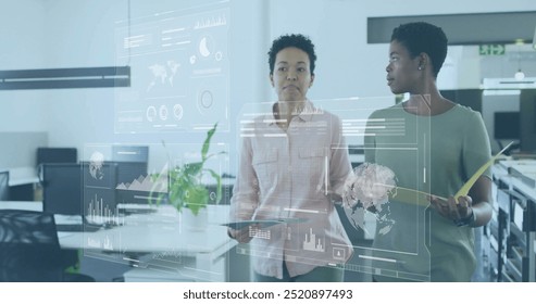 Image of financial data processing over diverse business people in office. Global finance, business, connections, computing and data processing concept digitally generated image.