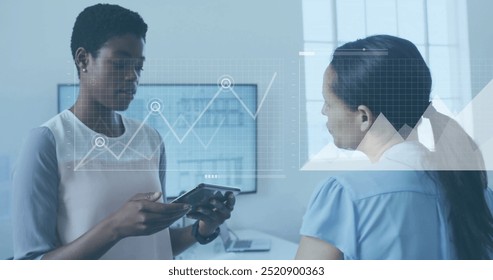 Image of financial data processing over diverse business people in office. Global finance, business, connections, computing and data processing concept digitally generated image.