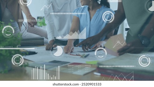 Image of financial data processing over diverse business people in office. Global finance, business, connections, computing and data processing concept digitally generated image.