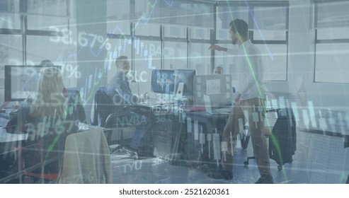 Image of financial data processing over diverse business people in office. Global finance, business, connections, computing and data processing concept digitally generated image.