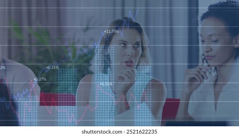 Image of financial data processing over diverse business people in office. Global finance, business, connections, computing and data processing concept digitally generated image.