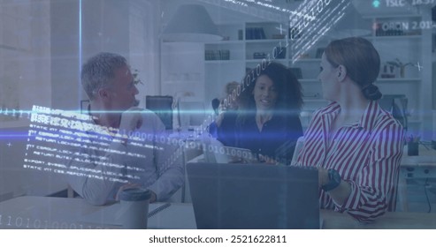 Image of financial data processing over diverse business people in office. Global finance, business, connections, computing and data processing concept digitally generated image.