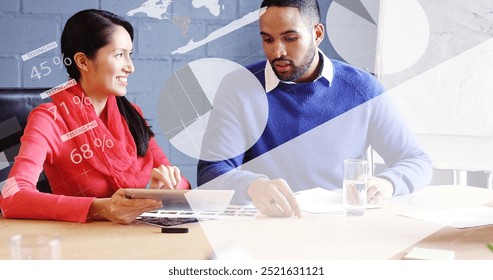 Image of financial data processing over diverse business people in office. Global finance, business, connections, computing and data processing concept digitally generated image.