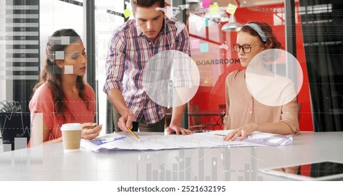 Image of financial data processing over diverse business people in office. Global finance, business, connections, computing and data processing concept digitally generated image.