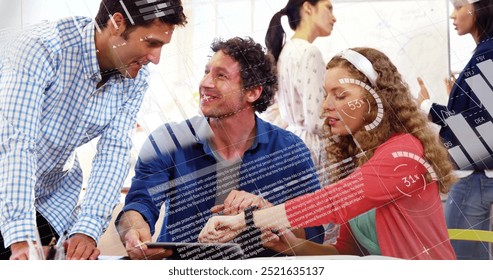 Image of financial data processing over diverse business people in office. Global finance, business, connections, computing and data processing concept digitally generated image.