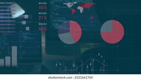 Image of financial data processing over office. global finance, business, connections, computing and data processing concept digitally generated image.