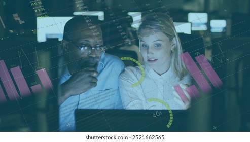 Image of financial data processing over diverse business people in office. Global finance, business, connections, computing and data processing concept digitally generated image.