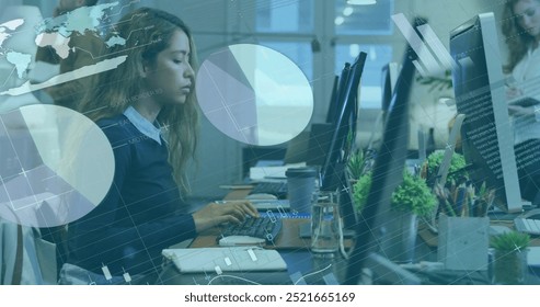 Image of financial data processing over caucasian businesswoman using computer. Global finance, business, connections, computing and data processing concept digitally generated image.