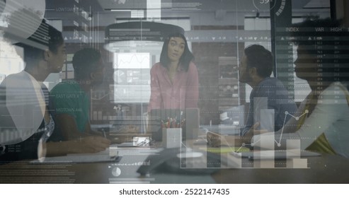 Image of financial data processing over diverse business people in office. Global finance, business, connections, computing and data processing concept digitally generated image.