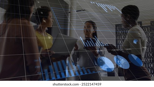 Image of financial data processing over diverse business people in office. Global finance, business, connections, computing and data processing concept digitally generated image. - Powered by Shutterstock - Get 15% off with code: PIKWIZARD15