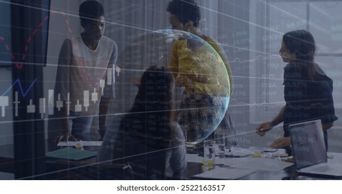 Image of financial data processing over diverse business people in office. Global finance, business, connections, computing and data processing concept digitally generated image.