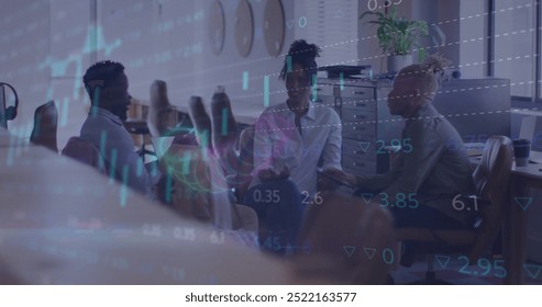 Image of financial data processing over diverse business people in office. Global finance, business, connections, computing and data processing concept digitally generated image.