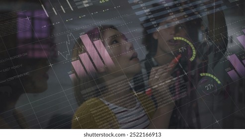 Image of financial data processing over diverse business people in office. Global finance, business, connections, computing and data processing concept digitally generated image.