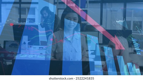 Image of financial data processing over diverse business people in office. Global finance, business, connections, computing and data processing concept digitally generated image.