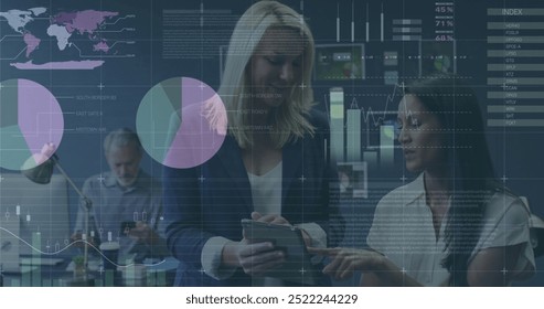 Image of financial data processing over diverse business people in office. Global finance, business, connections, computing and data processing concept digitally generated image.
