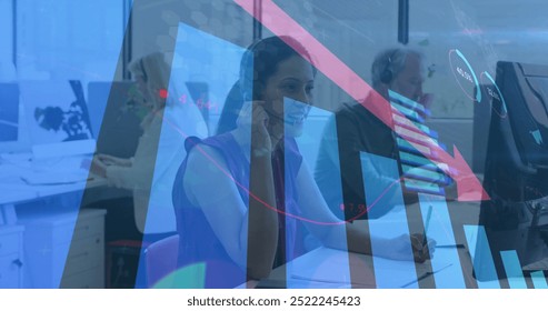 Image of financial data processing over diverse business people in office. Global finance, business, connections, computing and data processing concept digitally generated image.