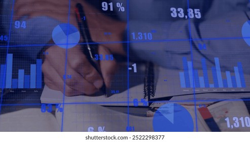 Image of financial data processing over caucasian businessman writing in office. Global finance, business, connections, computing and data processing concept digitally generated image.