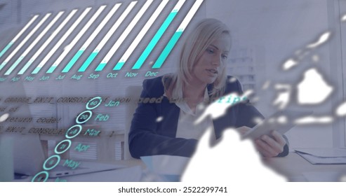 Image of financial data processing over caucasian businesswoman using tablet in office. Global finance, business, connections, computing and data processing concept digitally generated image.