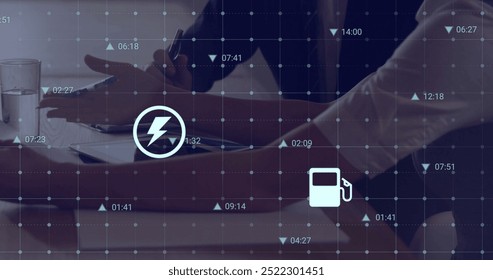 Image of financial data processing over diverse business people in office. Global finance, business, connections, computing and data processing concept digitally generated image.