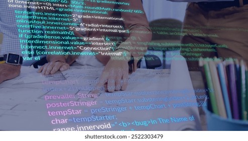 Image of financial data processing over diverse business people in office. Global finance, business, connections, computing and data processing concept digitally generated image.
