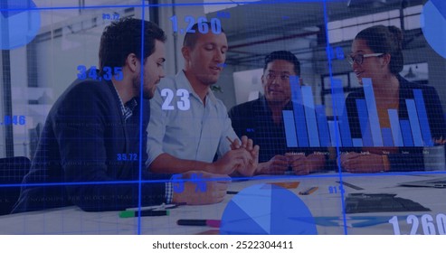 Image of financial data processing over diverse business people in office. Global finance, business, connections, computing and data processing concept digitally generated image.