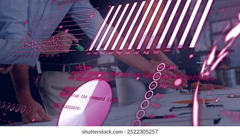Image of financial data processing over diverse business people in office. Global finance, business, connections, computing and data processing concept digitally generated image.