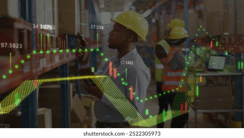 Image of financial data processing over biracial man working in warehouse. Global shipping, finance, business, connections, computing and data processing concept digitally generated image. - Powered by Shutterstock