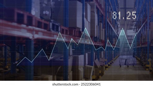 Image of financial data processing over warehouse. Global delivery, shipping, finances and digital interface concept digitally generated image.