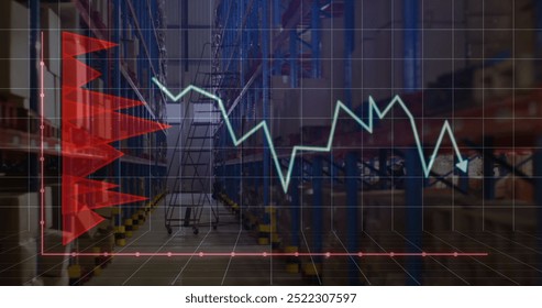 Image of financial data processing over warehouse. Global delivery, shipping, finances and digital interface concept digitally generated image.