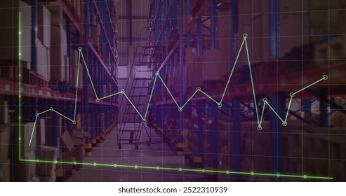 Image of financial data processing over in warehouse. Global delivery, shipping, finances and digital interface concept digitally generated image.