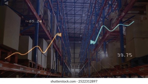 Image of financial data processing over warehouse. Global delivery, shipping, finances and digital interface concept digitally generated image.