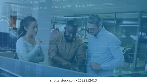 Image of financial data processing over diverse colleagues discussing work in office. Business, finances, office, communication, teamwork and digital interface concept digitally generated image.