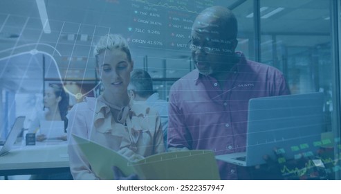 Image of financial data processing over diverse colleagues discussing work in office. Business, finances, office, communication, teamwork and digital interface concept digitally generated image.