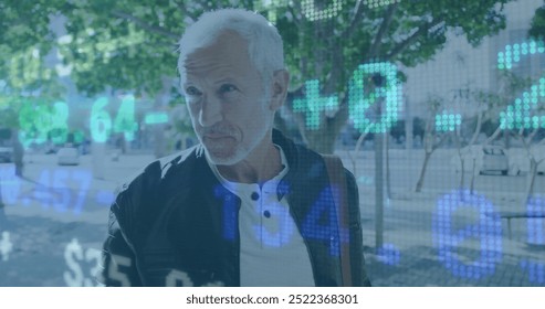 Image of financial data processing over caucasian man in city. Global finance, business, connections, computing and data processing concept digitally generated image. - Powered by Shutterstock - Get 15% off with code: PIKWIZARD15