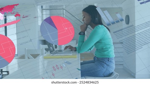 Image of financial data processing over biracial woman using laptop. Global finance, business, connections, computing and data processing concept digitally generated image. - Powered by Shutterstock - Get 15% off with code: PIKWIZARD15